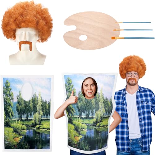 Jiuguva 7 Pcs Halloween 80s Landscape Painter Costume Set Painting Tree Canvas Brown Afro Wig Beard Painting Palette Brushes (Novelty Style)