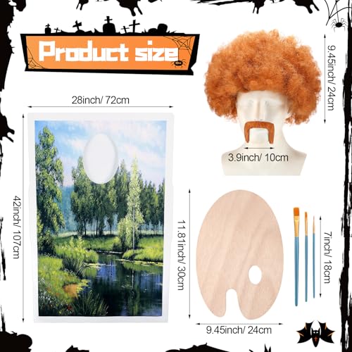 Jiuguva 7 Pcs Halloween 80s Landscape Painter Costume Set Painting Tree Canvas Brown Afro Wig Beard Painting Palette Brushes (Novelty Style)