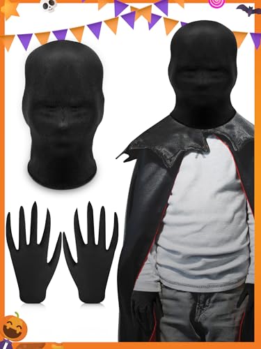 Sintege 2 Pcs Halloween Black Full Face Mask and Pointed Fingertip Gloves Horror Black Costume Set Unisex Faceless Mask (Kid Size)