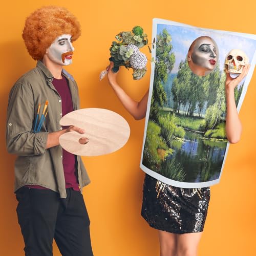 Jiuguva 7 Pcs Halloween 80s Landscape Painter Costume Set Painting Tree Canvas Brown Afro Wig Beard Painting Palette Brushes (Novelty Style)