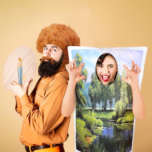 Jiuguva 7 Pcs Halloween 80s Landscape Painter Costume Set Painting Tree Canvas Brown Afro Wig Beard Painting Palette Brushes (Novelty Style)