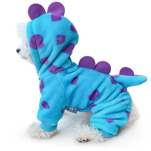 Idepet Halloween Dog Costume Dinosaur Clothes for Small Dogs,Fleece Winter Puppy Hoodies with Leash Ring Pet Cold Weather Coat Funny Outfits Party Apparel for Halloween Christmas (Blue, Medium)