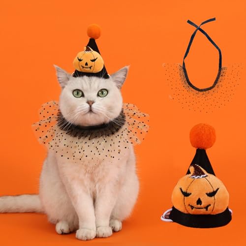Halloween Cat Dog Costume Bandana and Hat Set, Feierxun Cat Outfits Cute Lace Bib Scarf and Witch Hat, Girls Cat Dog Halloween Bandana for Cat Apparel, Kitten Puppy Pet Clothes Dress Up