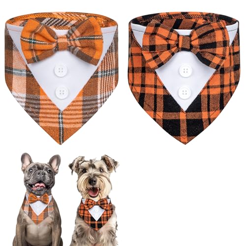 cyeollo 2 Pack Dog Halloween Tuxedo Bandanas with Bowtie, Plaid Dog Tux Collar Dog Costumes Thanksgiving Day Outfit for Small Medium Dogs, Orange M