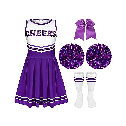 Toulite 4 Pcs Girls Cheerleader Costume Outfit Set Fancy Dress for Kids Halloween Sport Game (Purple,11-12 Years)