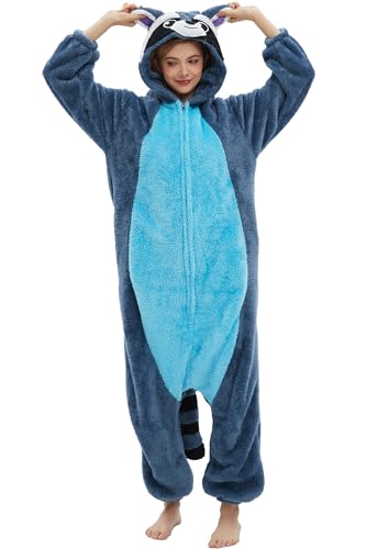 DarkCom Unisex Kids Animal Onesie,Cosplay Blue Raccoon Halloween Costume Parent-Child Sleepwear Christmas Pajamas for Girls Boys 6-7 Years