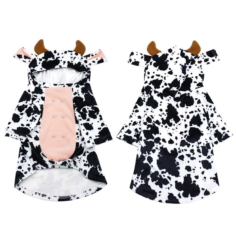 DELIFUR Dog Halloween Cow Costume - French Bulldog Adorable Cow Holiday Outfit Cute Hoodie Halloween Cosplay Animal Costume for Small Dog (Cow, Back: 13.5")