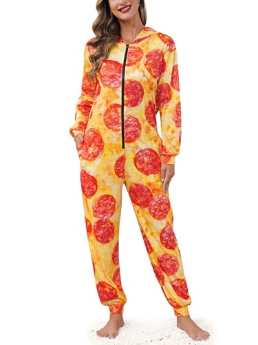 Maisolly Women's Halloween Funny Pizza Adult One Piece Pajama Long Sleeve Onesie Party Food Cosplay Costume L