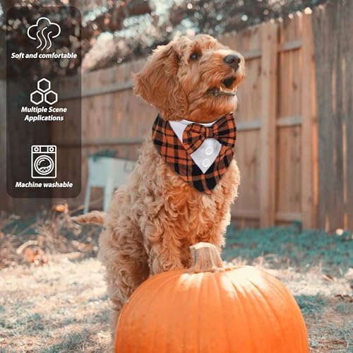 cyeollo 2 Pack Dog Halloween Tuxedo Bandanas with Bowtie, Plaid Dog Tux Collar Dog Costumes Thanksgiving Day Outfit for Small Medium Dogs, Orange M