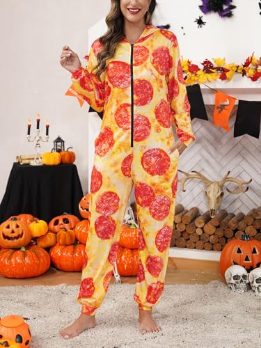 Maisolly Women's Halloween Funny Pizza Adult One Piece Pajama Long Sleeve Onesie Party Food Cosplay Costume L