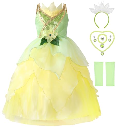 Axaxa Princess Tiana Costume for Girls Princess Tiana Dress Princess and the Frog Costume with Accessories