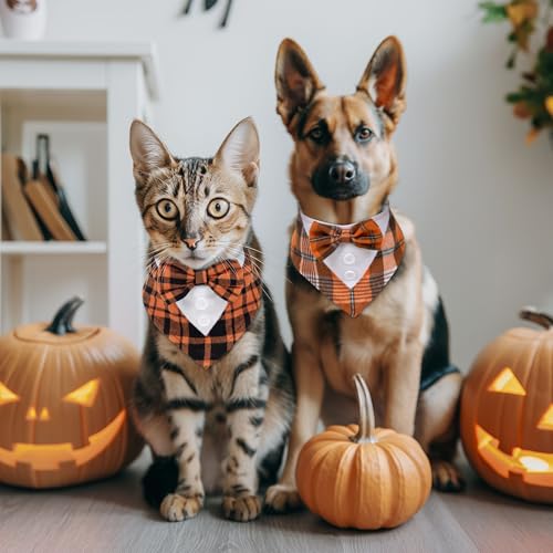 cyeollo 2 Pack Dog Halloween Tuxedo Bandanas with Bowtie, Plaid Dog Tux Collar Dog Costumes Thanksgiving Day Outfit for Small Medium Dogs, Orange M