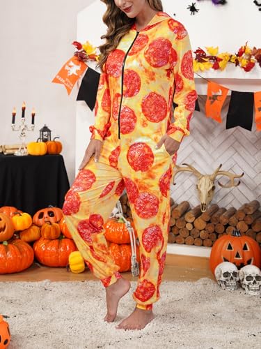 Maisolly Women's Halloween Funny Pizza Adult One Piece Pajama Long Sleeve Onesie Party Food Cosplay Costume L