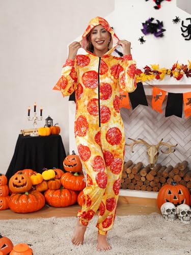 Maisolly Women's Halloween Funny Pizza Adult One Piece Pajama Long Sleeve Onesie Party Food Cosplay Costume L