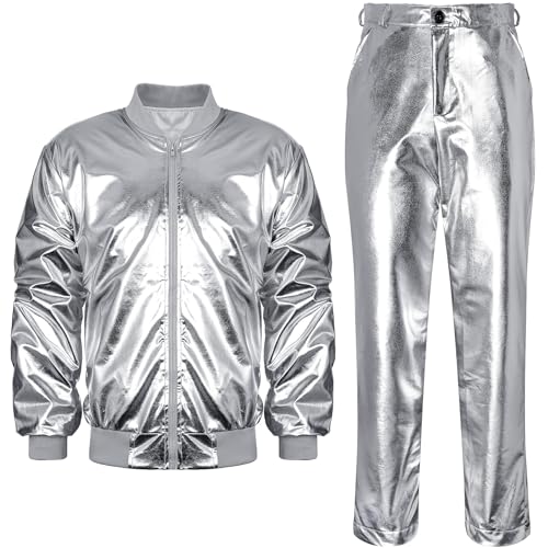 Halfchet Men's Metallic Jacket and Pants Set Jacket Men Straight Leg Trousers Costume for Men Disco Cosplay Party (Silver,XX-Large)