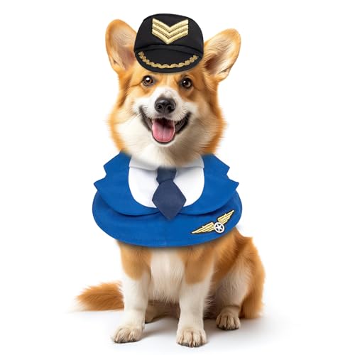 cyeollo Dog Halloween Costume Pilot Pet Outfits Set with Dog Hat Formal Necktie Collar Costume Party Accessories for Small Dogs, M