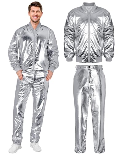 Halfchet Men's Metallic Jacket and Pants Set Jacket Men Straight Leg Trousers Costume for Men Disco Cosplay Party (Silver,XX-Large)