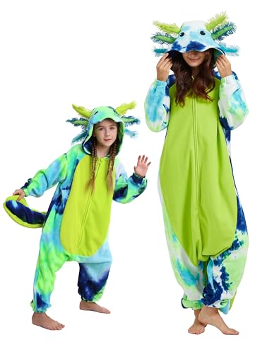 DELEY Unisex One Piece Tie Dye Green Axolotl Costume, Animal Adult Onesie Halloween Cosplay Pajamas for Women and Mens Sleepwear