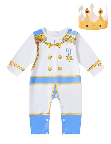 Kewlent Baby Boy Prince Charming Costume Infant Halloween Medieval Royal Prince Romper With Crown (12-18M, White)