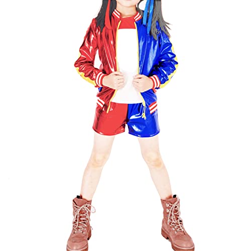 Aoibox Girls Joker Cosplay Costumes Set, Halloween squad costumes for Kids With Jacket Shorts T-shirt PU Leather Suit Medium