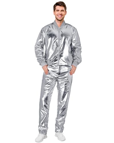 Halfchet Men's Metallic Jacket and Pants Set Jacket Men Straight Leg Trousers Costume for Men Disco Cosplay Party (Silver,XX-Large)