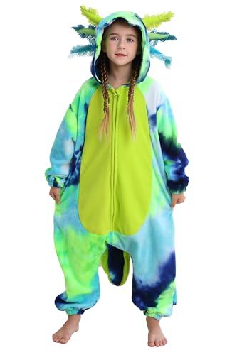 DELEY Unisex One Piece Tie Dye Green Axolotl Costume, Animal Adult Onesie Halloween Cosplay Pajamas for Women and Mens Sleepwear