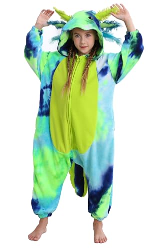 DELEY Unisex One Piece Tie Dye Green Axolotl Costume, Animal Adult Onesie Halloween Cosplay Pajamas for Women and Mens Sleepwear