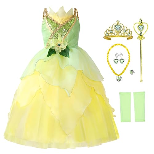 MDYCW Princess Tiana Fairy Costume Halloween Dress up for Girls, Special Occasion Dresses Birthday Party Fancy Outfits 8-9T