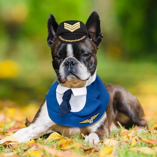cyeollo Dog Halloween Costume Pilot Pet Outfits Set with Dog Hat Formal Necktie Collar Costume Party Accessories for Small Dogs, M