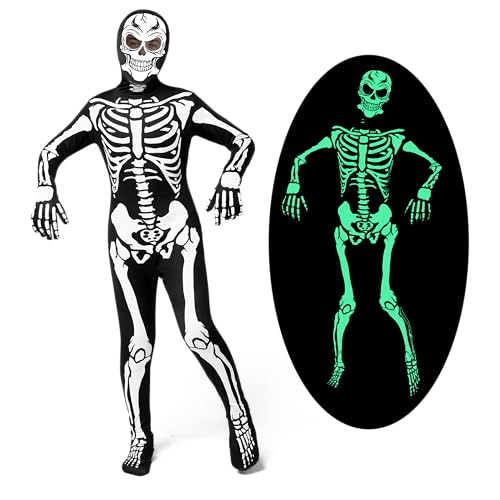 Spooktacular Creations Kids Skeleton Costume Glow in the Dark, Boys Halloween Costume, Skeleton Hooded Bodysuit for Boys, Girls (Toddler(3-4 yrs))