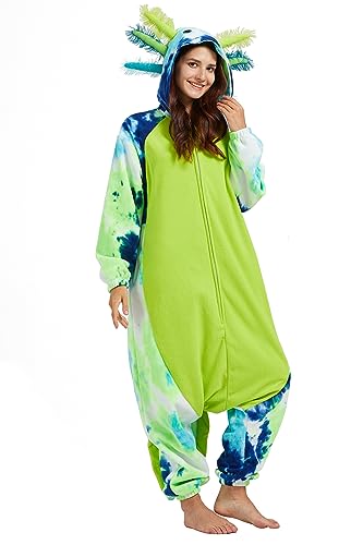 DELEY Unisex One Piece Tie Dye Green Axolotl Costume, Animal Adult Onesie Halloween Cosplay Pajamas for Women and Mens Sleepwear
