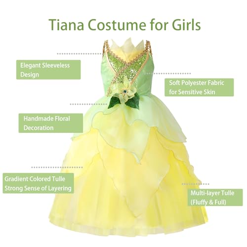 MDYCW Princess Tiana Fairy Costume Halloween Dress up for Girls, Special Occasion Dresses Birthday Party Fancy Outfits 8-9T