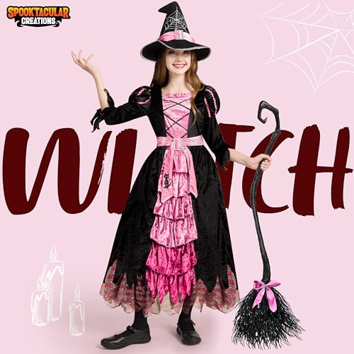 Spooktacular Creations Fairytale Pink Witch Cute Witch Costume Deluxe Set with Broom for Girls