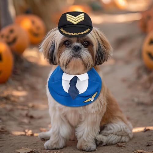cyeollo Dog Halloween Costume Pilot Pet Outfits Set with Dog Hat Formal Necktie Collar Costume Party Accessories for Small Dogs, M