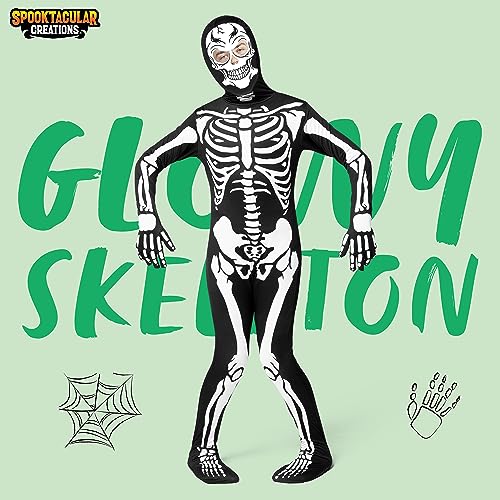 Spooktacular Creations Kids Skeleton Costume Glow in the Dark, Boys Halloween Costume, Skeleton Hooded Bodysuit for Boys, Girls (Toddler(3-4 yrs))