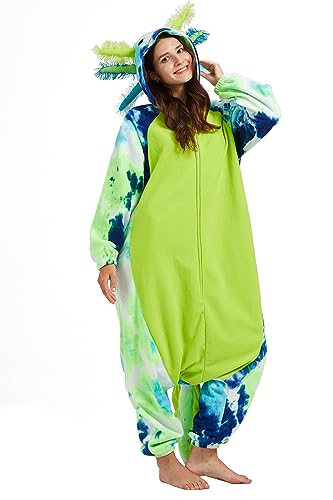 DELEY Unisex One Piece Tie Dye Green Axolotl Costume, Animal Adult Onesie Halloween Cosplay Pajamas for Women and Mens Sleepwear