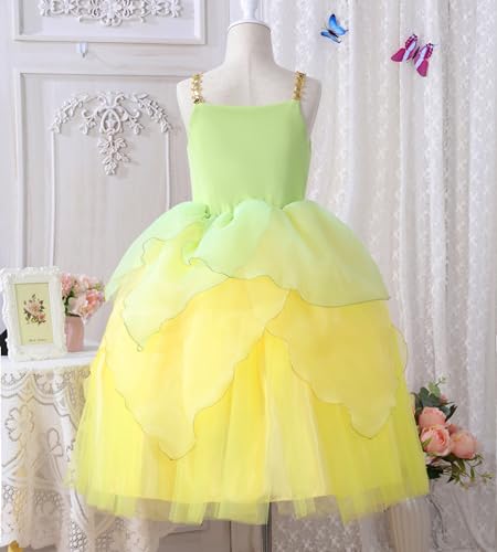 MDYCW Princess Tiana Fairy Costume Halloween Dress up for Girls, Special Occasion Dresses Birthday Party Fancy Outfits 8-9T