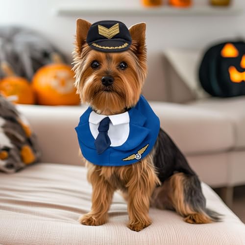 cyeollo Dog Halloween Costume Pilot Pet Outfits Set with Dog Hat Formal Necktie Collar Costume Party Accessories for Small Dogs, M