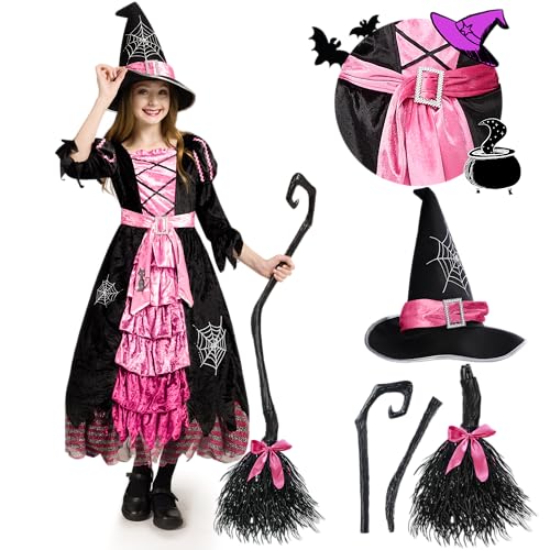 Spooktacular Creations Fairytale Pink Witch Cute Witch Costume Deluxe Set with Broom for Girls