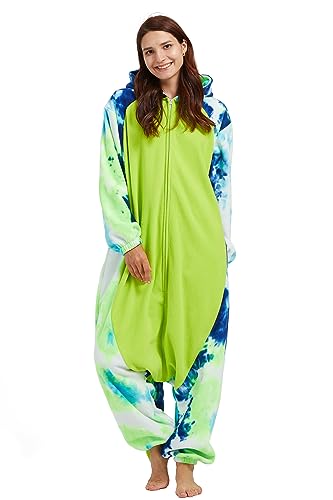 DELEY Unisex One Piece Tie Dye Green Axolotl Costume, Animal Adult Onesie Halloween Cosplay Pajamas for Women and Mens Sleepwear