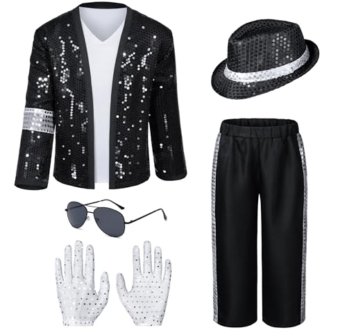 Dance Star Kids Costume for Boys 80s 90s Pop Stage Cosplay Party Halloween Role Play Black 11-12 Years