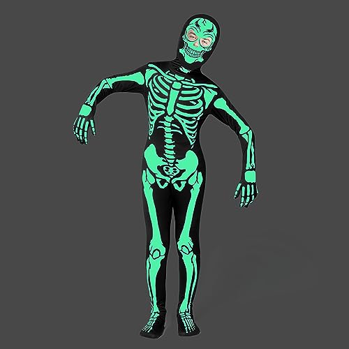 Spooktacular Creations Kids Skeleton Costume Glow in the Dark, Boys Halloween Costume, Skeleton Hooded Bodysuit for Boys, Girls (Toddler(3-4 yrs))