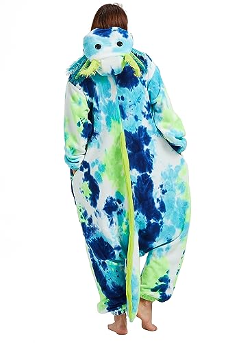 DELEY Unisex One Piece Tie Dye Green Axolotl Costume, Animal Adult Onesie Halloween Cosplay Pajamas for Women and Mens Sleepwear