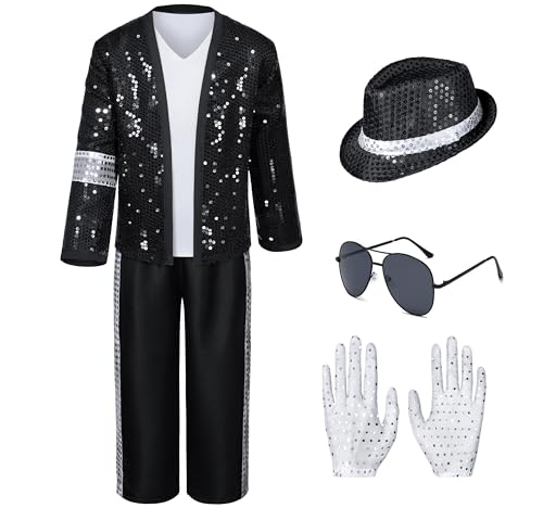 Dance Star Kids Costume for Boys 80s 90s Pop Stage Cosplay Party Halloween Role Play Black 11-12 Years