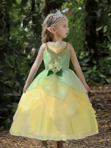 MDYCW Princess Tiana Fairy Costume Halloween Dress up for Girls, Special Occasion Dresses Birthday Party Fancy Outfits 8-9T