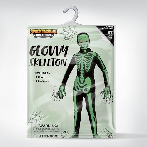 Spooktacular Creations Glow in the Dark Skeleton Costume for Boys, Halloween Costume for Kids, Unisex Skeleton Bodysuit with Mask for Boys, Girls (Toddler(3-4 yrs))