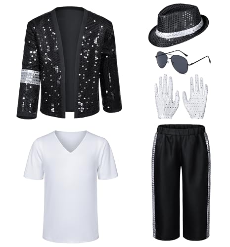 Dance Star Kids Costume for Boys 80s 90s Pop Stage Cosplay Party Halloween Role Play Black 11-12 Years