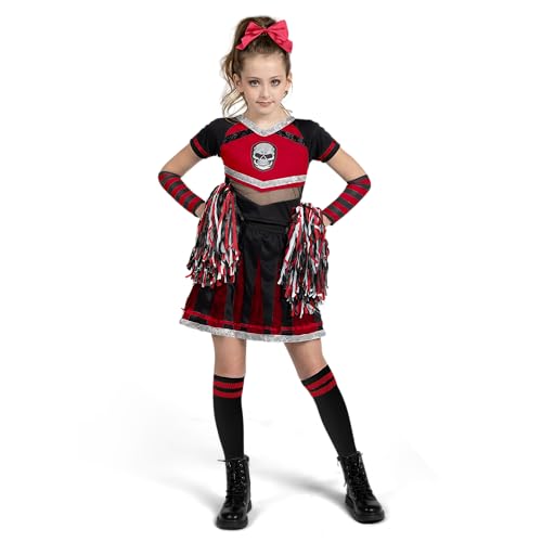 Spooktacular Creations Halloween Cheerleader Costume Girls, Bad Spirit Costume for Kids, Skull Scary Cheerleader Outfit with Accessories for Girls Halloween Parties Role Play, Red Black, M