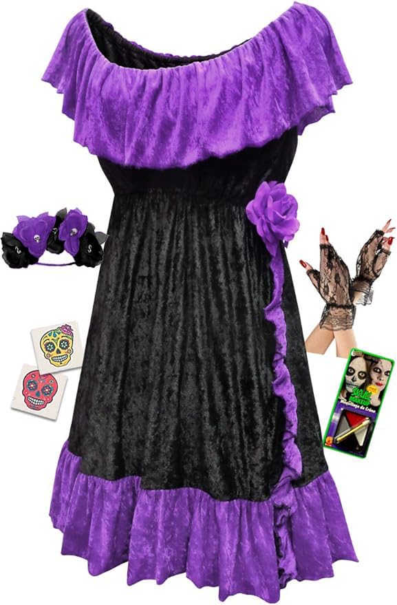 Sanctuarie Designs Plus Size Purple Day of the Dead Costume Short Dress & Basic Kit 1x