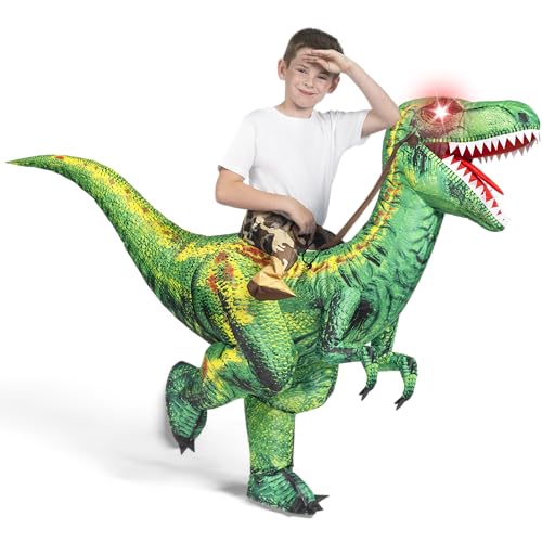 Spooktacular Creations Kids Inflatable Dinosaur Costume, LED Eyes Halloween Costume Riding on Blow Up Dragon T-rex Costume for Halloween Dress Up Parties, Green,S